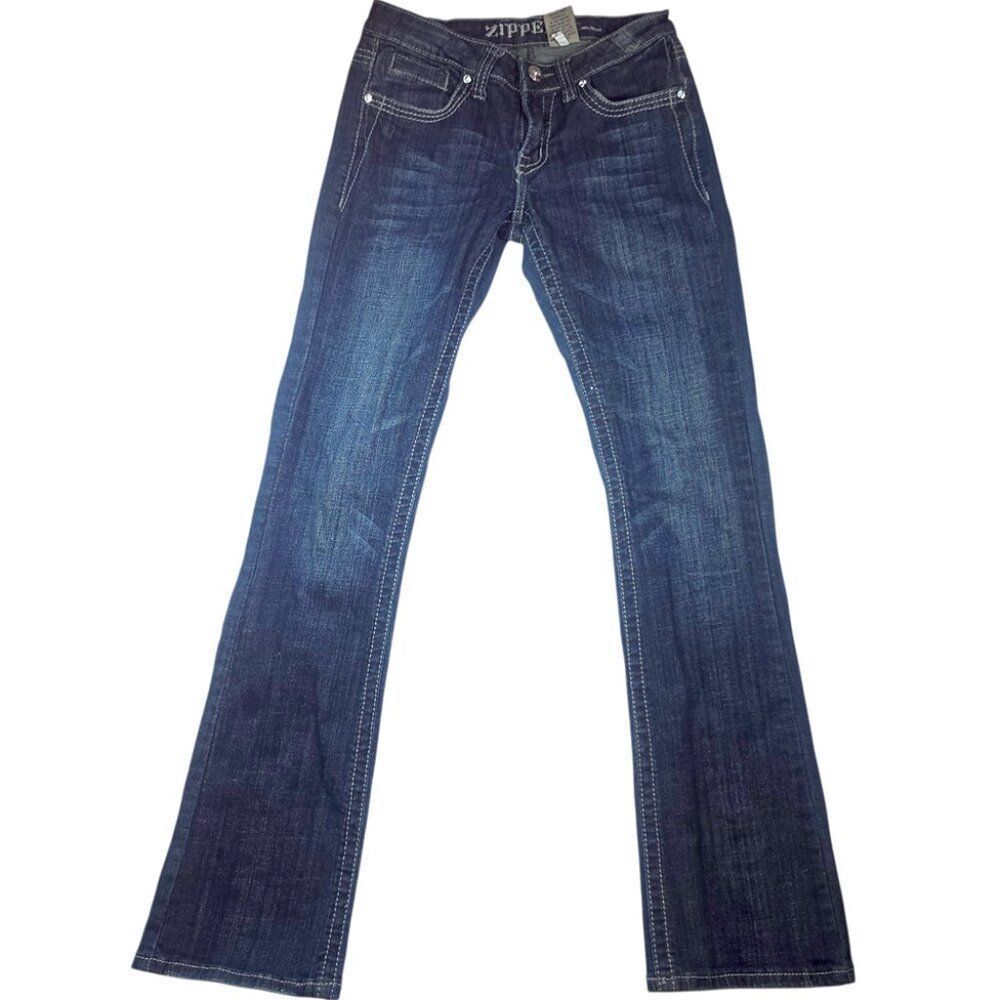 Womens Blue Denim Jeans Size 5 Midrise Flare Rhinestone Detail